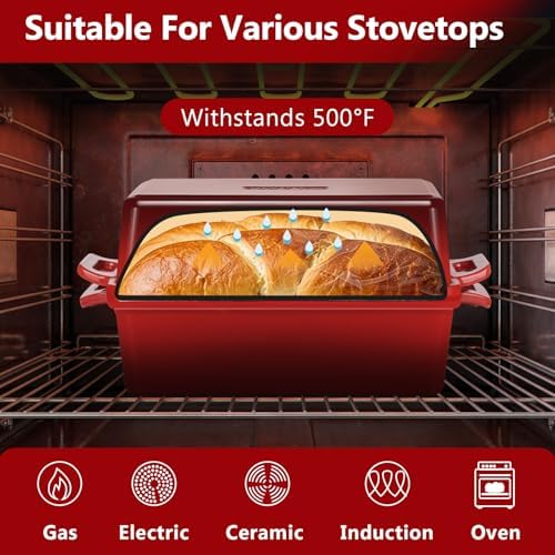 Wildone 2 in 1 Enameled Cast Iron Bread Pan with Lid, 9x5 Loaf Pans for Homemade Sourdough Bread, Cake, Meatloaf, Even Heating Bread Dutch Oven, Red - Image 4