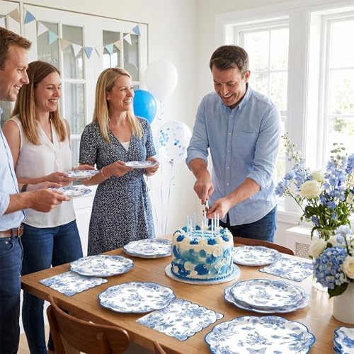 50 Pcs Blue Floral Plates and Napkins, Blue Floral Party Supplies - Image 5