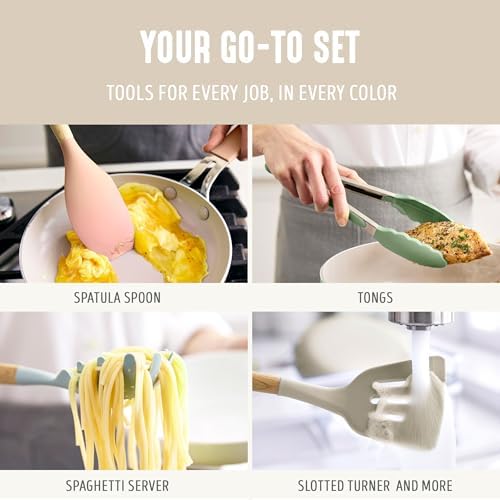 GreenLife 11 Piece Silicone Utensil Crock Set, Nonstick Kitchen Tools, Ladle, Turner, Slotted Turner, Spatula, Spoon, Spaghetti Server, Brush, Whisk, Tongs, Crock, Cream White - Image 4
