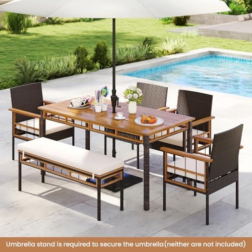 Tangkula 6 Pieces Patio Dining Table Set, Outdoor Rectangular Acacia Wood Table with 1.97” Umbrella Hole & Cushioned Backless Bench & 4 Armchairs, for Garden, Deck, Yard - Image 3