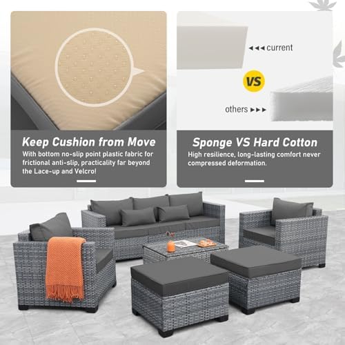 Lviden 6 Pieces Wicker Patio Furniture Sets Outdoor Conversation Set HDPE Rattan Sectional Sofa Couch with Storage Table and Non-Slip Cushions, Light Grey - Image 6