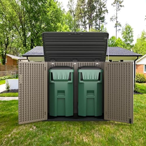 HOMSPARK Storage Shed Weather Resistance, Multi-Purpose Outdoor Storage Cabinet Waterproof, Outdoor Storage Cabinet for Bike, Garbage Cans, Lawnmower, Garden Accessories (coffee, Extra Large-48 cu ft) - Image 4