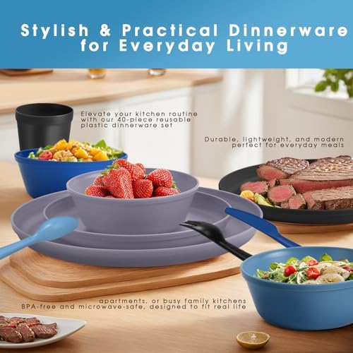 40 Piece Plastic Dinnerware Set for 8 with Cutlery, Unbreakable Plates and Bowls Set, Dishwasher & Microwave Safe Reusable Dish Set for Camping, RV, Outdoor Kitchen, Apartment Dining,Ocean Multicolor - Image 7