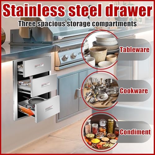 Outdoor Kitchen Triple Layer Drawer 16'' W x 21.6'' H x 18'' D Flush Mount BBQ Access Drawers Stainless Steel BBQ Island Drawers with Handle Suitable for Outdoor Kitchen Island Grill Station - Image 5