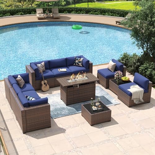 Aoxun 11 Piece Patio Furniture Set with 44" Fire Pit Table Wicker Rattan by Aoxun