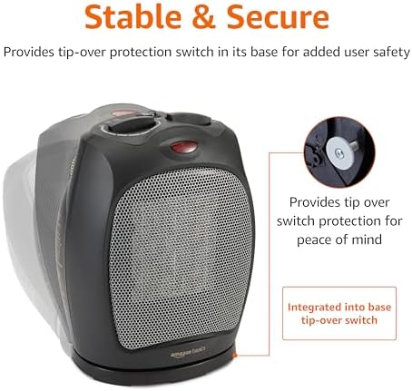 Amazon Basics Oscillating Ceramic Space Heater, Portable Fast Heating Indoor Solution, With Overheat and Tip-Over Protection, Thermostat, 1500W, 7.52"D x 6.34"W x 9.45"H, Black - Image 5
