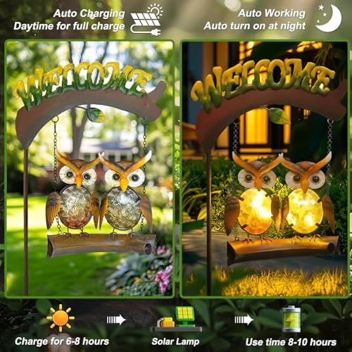 HONGLAND Solar Lights Outdoor Decor, Owl Swing Garden Decor, Owl Gifts for Women Mom, Whimsical Garden Lights Outdoor Decorations with Welcome Sign for Outside Patio Yard Lawn Decor-48inch - Image 2