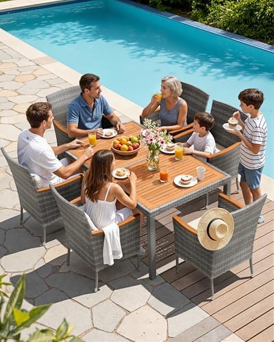 Flamaker Patio Dining Set for 6 Outdoor Acacia Wood Table and Chairs, Gray - Image 3