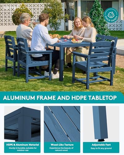 SERWALL 60" - 83" Expandable Outdoor Dining Table and 6 HDPE Chairs, Blue - Image 4