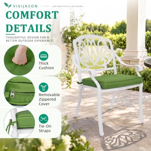 VIVIJASON 5-Piece Outdoor Patio Dining Set, All-Weather Cast Aluminum Conversation Set, Patio White Furniture Set, Include 4 Cushioned Chairs, 38.5" Round Table w/Umbrella Hole (White/Green Cushion) - Image 3