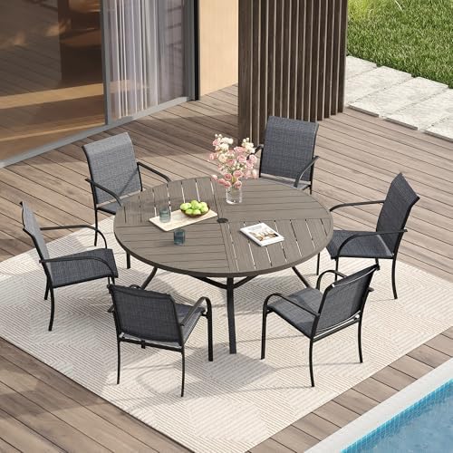 VICLLAX Patio Table and Chair Set of 6, All Weather Metal Round Outdoor Dining Furniture Set-50 Round Outdoor Table and Chairs, Grey Wood Grain Tabletop by HOME