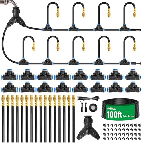 MIXC 1/4" 100Ft Drip Irrigation System for Garden with 16pcs 360°Adjustable Brass Nozzles & Bendable Rod,Upgraded Watering System Kit for Outdoor Plants,Lawn,Raised Bed,Potted Plant,Yard,Greenhouse by MIXC