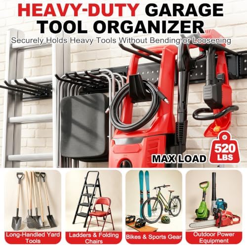 Garage Tool Organizer Wall Mount 66 inches with 13 Adjustable Heavy-Duty Hooks, Garage Organization, Garden Tool Storage Rack, Yard, and Shed, Holds Up to 520 lbs - Image 3