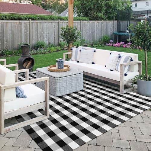 IOHOUZE 8x10 Buffalo Plaid Area Rug, Washable Indoor Outdoor, Black White - Image 4