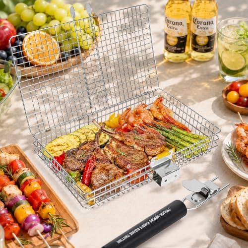 2 Pack Stainless Steel Grill Basket Set with Removable Wooden Handle, BBQ Grilling Rack for Outdoor Cooking, Portable Smoker Grilling Accessories for Fish, Vegetables, Shrimp, Meat & Chicken - Image 7