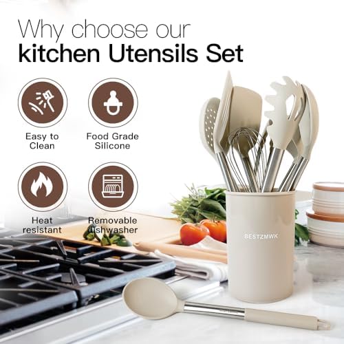 Kitchen Utensils Set-Silicone Cooking Utensils-33pcs Non-Stick Silicone Cooking Kitchen Utensils Spatula Set with Holder-Best Kitchen Cookware with Stainless Steel Handle (Khaki) - Image 3