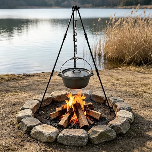 Heavy Duty Steel Tripod with Chain, Collapsible 42" H, 10mm Solid Steel Bars Black Steel Tripod,Adjustable Camping Tripod for Cast Iron Dutch Oven Pot on The Wild Camping - Image 5