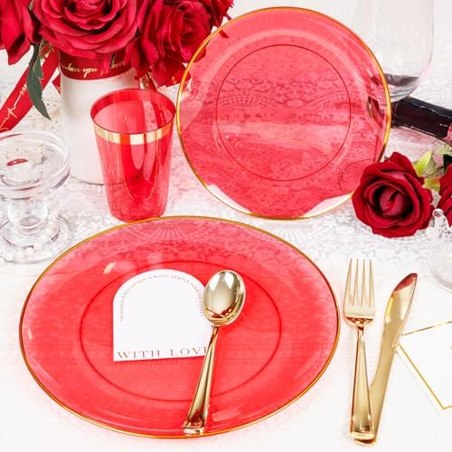 LIYH 180 Pcs Clear Red Plastic Plates Disposable - Red Dinnerware Set, Include Red and Gold Plates, Dinner Plate, Dessert Plate, Gold Plastic Silverware for Birthday Party - Image 6