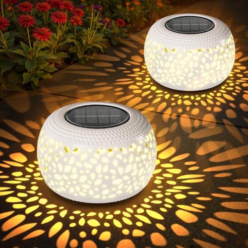 Solar Lanterns Outdoor Waterproof Lights: 2Pack White Hollow Out Metal Table Light, Outside Garden Yard Balcony Indoor Tabletop Lighting Decorations, Unique Gardening Gifts for Women Mom by BONLION