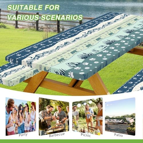 Picnic Table Cover with Bench Covers and Bag, Camping Essentials, Bohemian Waterproof Windproof Camping Tablecloth, Fitted Tablecloth Cover with Elastic Edge, for Garden & Outdoor, 3 PCS, 30x60 Inch - Image 3
