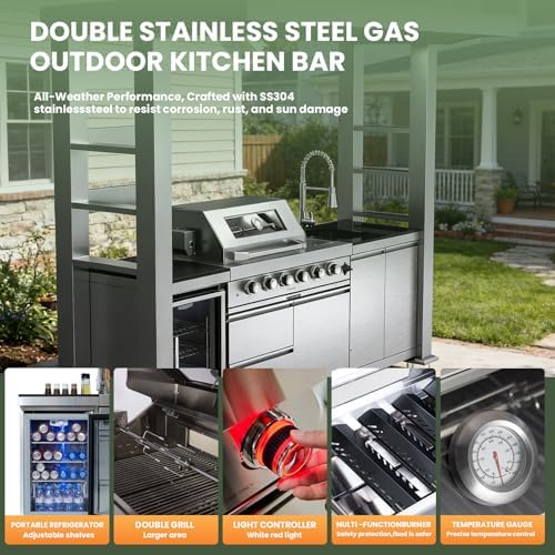 110" Outdoor Kitchen Island with 4-Burner 72000 BTU,Heavy-Duty Propane Grill with Side Burner,Rotisserie Oven,Galvanized Steel Roof,Granite Countertops,Refrigerator,Storage Cabinets,Sink(Propane Gas) - Image 5