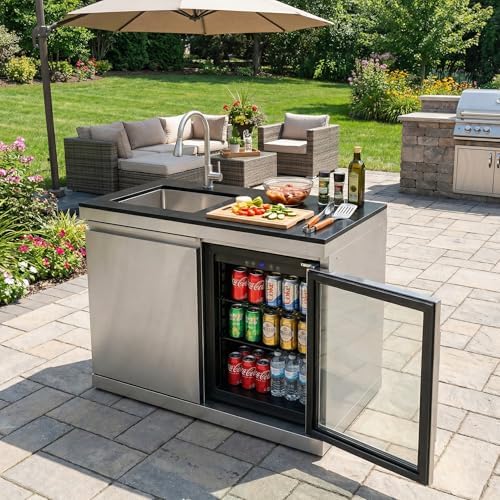 Sink and Fridge Combo for Outdoor Kitchen, 70L Refrigerator and Sink with Pull-Down Faucet, Brushed SS and Black Granite Countertops, All-in-One BBQ Island Cleaning Station (Silver) - Image 3