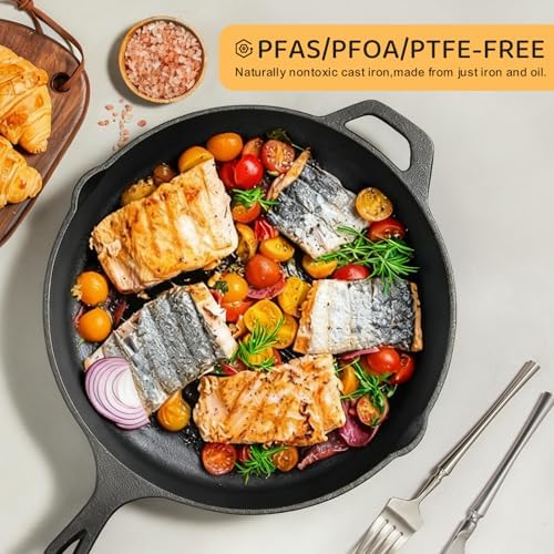 EWFEN Cast Iron Skillet 10 Inch, Pre-Seasoned Frying Pan, Heavy-Duty Professional Restaurant Chef Quality Cookware with Drip Spout, Indoor & Outdoor Use, Compatible with Oven, Stove, Grill & Campfire - Image 4