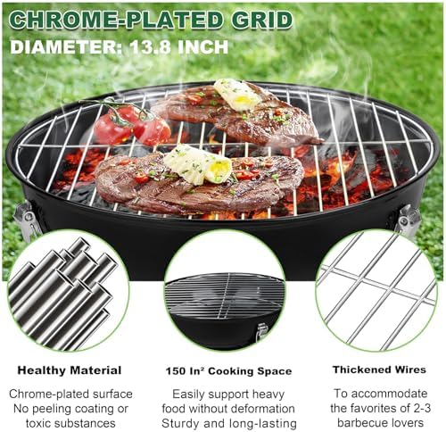 14 inch Charcoal Grill, Joyfair Small Portable Camping BBQ Kettle Grill - Image 2
