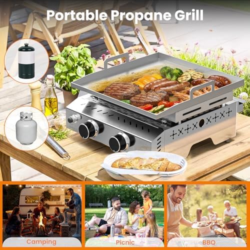 WAA Portable Propane Griddle, 16000BTU Tabletop Portable Propane Gas Grill with 2 Burners, Stainless Steel Flat Top Grill, Outdoor Cooking for Tailgating,Camping, RVs, BBQ, Patio, Silver - Image 6