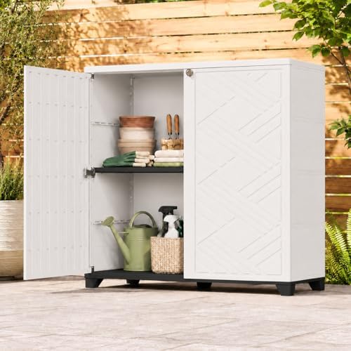 ADDOK Outdoor Storage Cabinet,60 Gallon Waterproof Resin Patio Storage Cabinet with 2 Adjustable Metal Shelf, Upright Outdoor Cabinet for Garden Tools, Pool Supplies, Toys, Porch and Garage by ADDOK