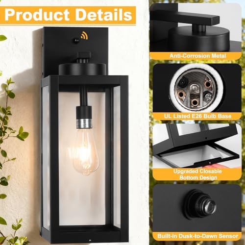 20" Black Dusk to Dawn Outdoor Wall Lantern with Closed Bottom, Coach Light - Image 4