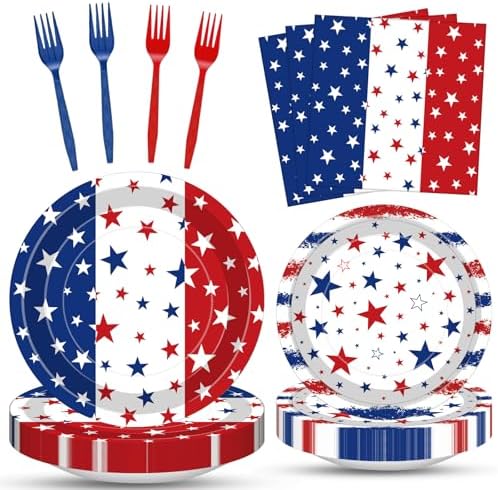 100 Pcs Patriotic Red White Blue Stars Plates Napkins Tableware Decorations by Merriva