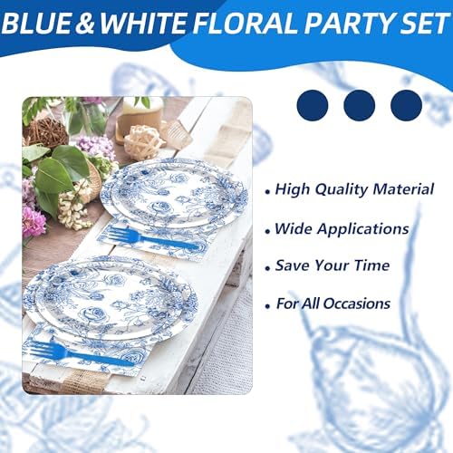 100 Pcs Blue and White Floral Tableware Party Supplies Set, Serves 25 – Disposable Elegant Flower Paper Plates, Napkins, and Plastic Forks for Wedding, Bridal Shower, Birthday, Garden Tea Decorations - Image 5