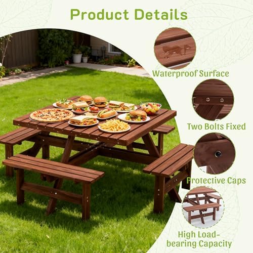 6-8 Person Square Picnic Table with Umbrella Hole Waterproof & Sturdy Cross StructureOutdoor Camping Wooden Dining Tables Set for Backyard Garden Camping Easy Clean,46.1",Brown - Image 3
