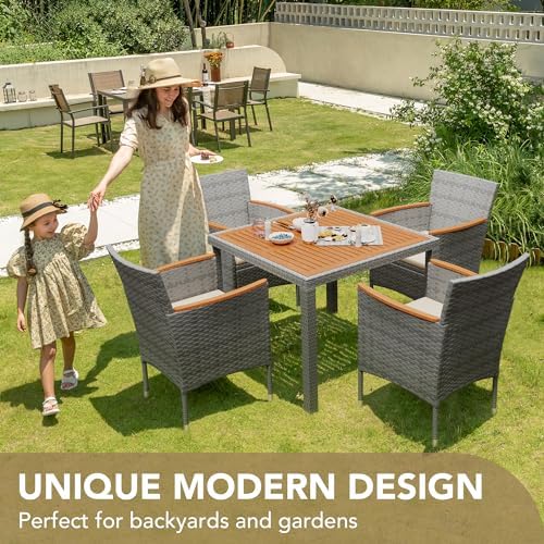 Devoko 5 PCS Acacia Wood Patio Dining Set, Gray Rattan - Image 3