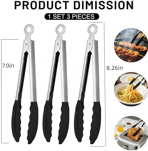 Grill Tongs,Mini Tongs with Silicone Tips,3Pcs bbq tongs 7-Inch Small Serving Tongs for Cooking, Stainless Steel Food small tongs with Locking Mechanism for Salad, Taco Bar, Appetizers & Buffet - Image 4
