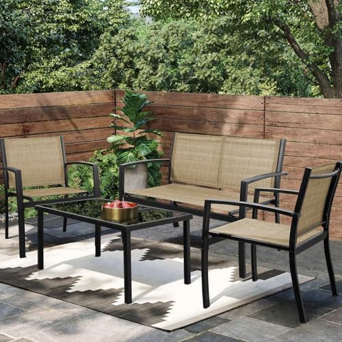 Greesum 4 Pieces Patio Furniture Set, Outdoor Conversation Sets for Patio, Lawn, Garden, Poolside with A Glass Coffee Table, Beige by BuynowfromGreesum