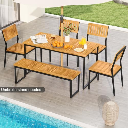 Tangkula 6 Pieces Outdoor Acacia Wood Dining Set, Patio Table and Chairs Set with Bench and 2” Umbrella Hole, Outdoor Patio Dining Furniture Set for Lawn, Garden, Poolside, Backyard - Image 2
