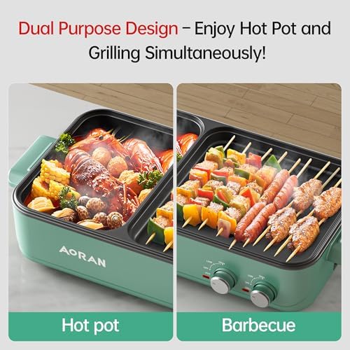 AORAN Electric Hot Pot with Grill, 2-in-1 Indoor Non-Stick Pot for Korean BBQ, Shabu Shabu & Noodles, Dual Temperature Control, Quick Heating with Bonus Accessories Green - Image 2