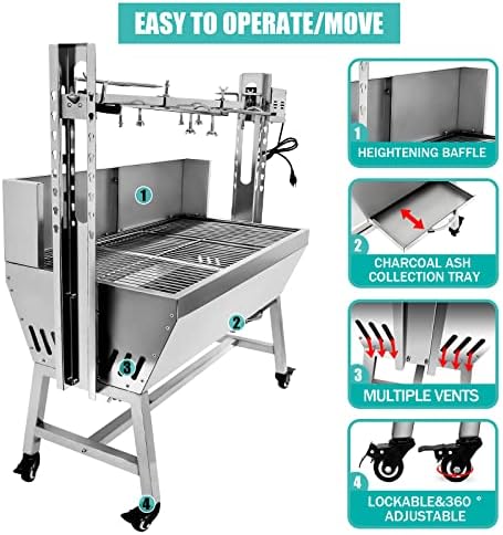 37" Electric Rotisserie Grill, Pig Lamb Spit Roaster Stand With 132 Lbs Capacity and Adjustable Height, BBQ Charcoal Grill Kit Stainless Steel for Outdoor Party Camping - Image 3