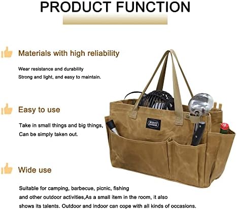 Portable Garden Camping Tool Storage Bag,Waxed Canvas Firewood Carrier Tote bag,Collapsible Sturdy Garden Basket Great for Women, Gardener, Electrician, Repairer (Khaki) - Image 4