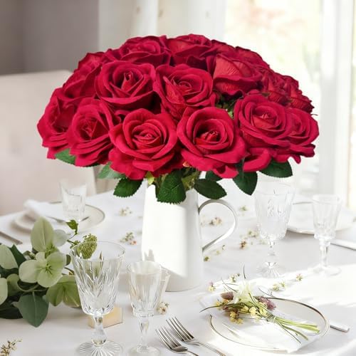 100Pcs Red Roses Artificial Flowers with Stems，Fake Roses Bouquet Fake Flowers Bulk，Silk Velvet Roses for Wedding Centerpieces Arrangement Baby Shower Birthday Home Decor Gifts - Image 3