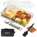 Adjustable Grill Basket with Removable Handle – 4 Height Levels for Vegetables, Meat, Fish & More – Locking Lid - Basting Brush, Scrub Sponge & Storage Bag for Outdoor Cooking by Braize