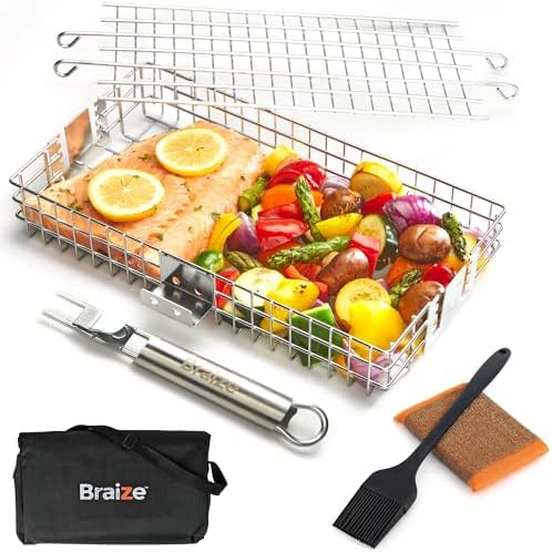 Adjustable Grill Basket with Removable Handle – 4 Height Levels for Vegetables, Meat, Fish & More – Locking Lid - Basting Brush, Scrub Sponge & Storage Bag for Outdoor Cooking by Braize