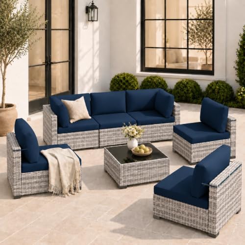 LOUVIXA 7 Piece Outdoor Patio Furniture Set, Outdoor Sectional Sofa, Wicker Rattan Patio Furniture, Patio Conversation Set with Coffee Table & Cushions by LOUVIXA