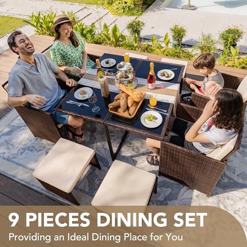 Devoko 9 Pieces Patio Dining Sets Outdoor Space Saving Furniture Sets,Beige - Image 2