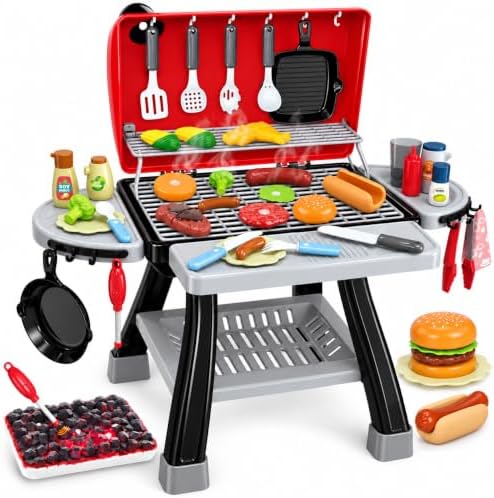 Kids Play Kitchen Toys, Kids BBQ Grill Kitchen Playset with Smoke, Sound & Light, Play Food Toys Cooking Set, 2-Layer Barbecue Outdoor Play Grill Toy Gift for Toddler Boys Girls 3-5 by Bstoyder