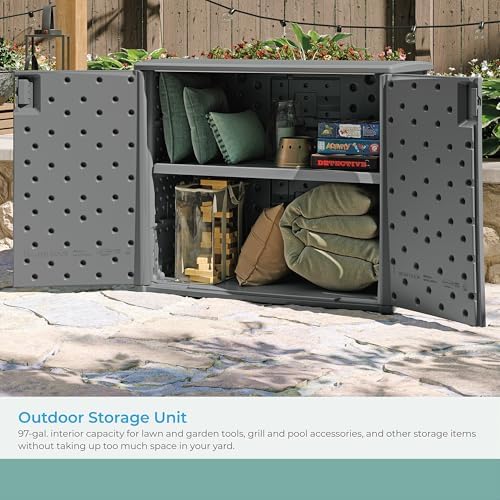 Suncast Lockable Outdoor Cabinet Storage for Patio, Garden and Backyard, 97 Gal, Cool Gray - Image 4