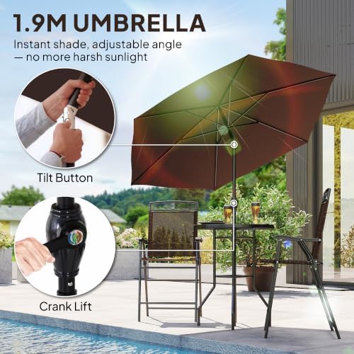 Outsunny 4 Piece Outdoor Bar Set with Umbrella, Patio Dining Set Brown - Image 3