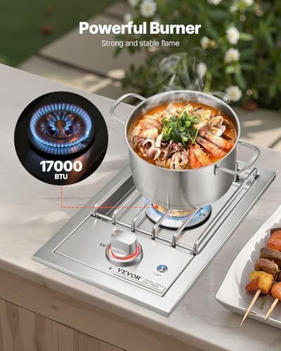VEVOR Single Grilling Side Burner, 17,000BTU Liquid Propane Side Burner for Outdoor Kitchen, Convertible to Natural Gas, 304 Stainless Steel Built-in Single Grill Burners with LED for BBQ Grill Island - Image 2